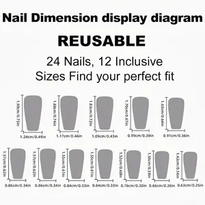 Size chart for reusable French style press-on nails with 12 sizes and 24 pieces set
