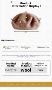 Size chart showing wool beret dimensions 54-58cm circumference and 7cm height