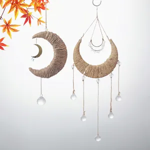 Bohemian moon chime with macrame rope weaving and clear crystal hanging pendants