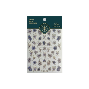 Golden embossed flower and purple butterfly nail stickers on white background M-1058