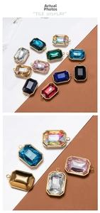 Detailed view of colorful rectangular crystal pendants with gold stainless steel edges