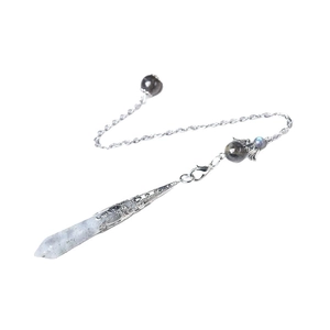 Natural hexagonal crystal pendulum pendant with ornate silver metal filigree and angel wings