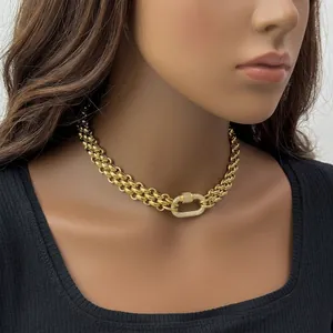 Chunky 18K gold plated stainless steel curb chain necklace with iced out carabiner clasp