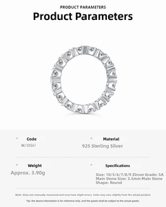 S925 sterling silver eternity ring detail showing 3.5mm 5A cubic zirconia stones and specs