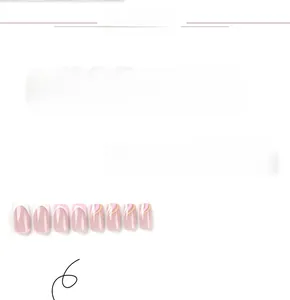 Detailed view of pink French press-on nails with white tips and wavy accents