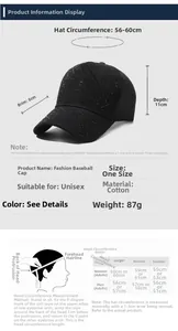 Size chart for black rhinestone baseball cap showing hat circumference and measurement guide