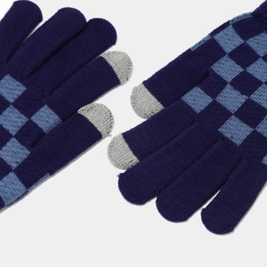 Close-up of checkerboard knit gloves with touch screen fingertips in blue colors
