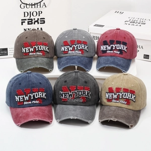 Retro washed denim baseball caps with New York embroidery in multiple vintage color options