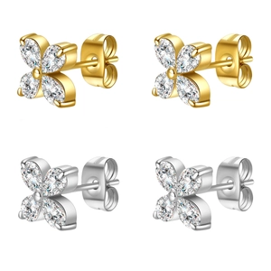 Exquisite 18k gold plated stainless steel clover stud earrings with marquise zirconia