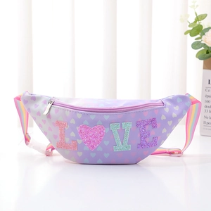 Purple glitter LOVE unicorn waist bag for girls with adjustable rainbow striped strap