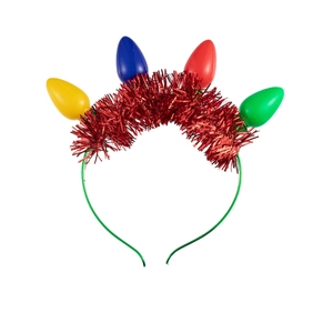 Green Christmas headband with colorful LED light bulb ornaments and red festive tinsel