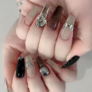 Handmade Press On Nails Long Coffin Dark Mirror Black Chrome Rhinestone Bow Glitter Shiny Luxury Punk Style For Women
