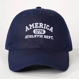 Detail of navy blue cotton baseball cap with white vintage America Athletic Dept embroidery