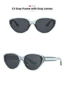 Front and side view of grey cat-eye sunglasses with transparent grey frames and grey lenses