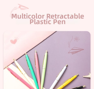 Fan-shaped display of multi-color click plastic pens on a soft pastel background layout