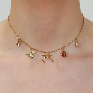 Gold titanium steel necklace with butterfly, ladybug and fruit charms for women