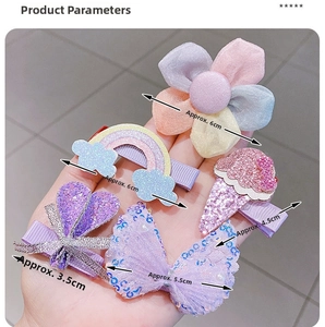 Set of 5 colorful kids' hair clips featuring rainbow, flower, and ice cream designs