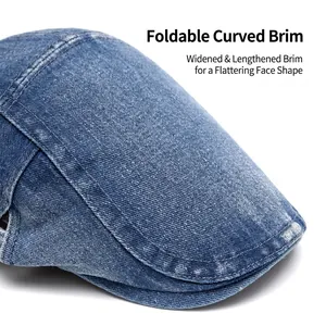 Blue washed denim beret cap with wide brim and adjustable shape for men and women