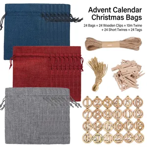 24-day Christmas advent calendar DIY kit with burlap bags, wooden clips and twine