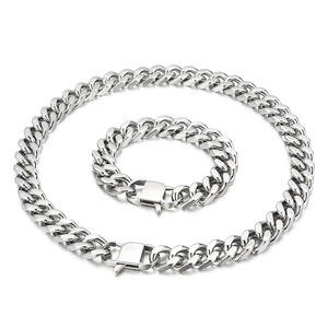 Polished silver stainless steel Cuban link chain necklace and bracelet set for men
