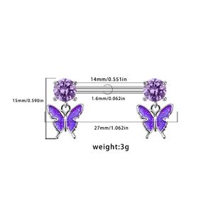 Detailed view of purple zircon heart nipple rings with dimensions for piercing jewelry