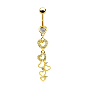 Close-up of golden belly ring featuring sparkling heart pendant and hollow heart chains