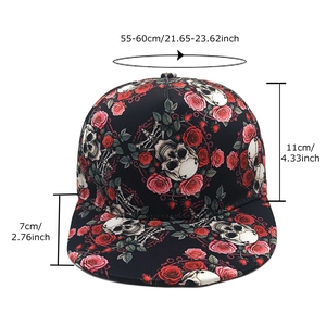 Flat brim hip hop hat with skull rose print and size dimensions 55-60cm for headwear