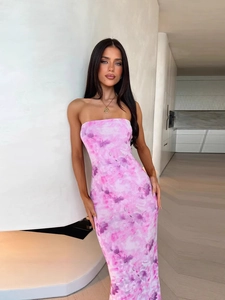 Pink and purple strapless slim fit floral print maxi dress for elegant summer fashion