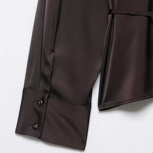 Elegant dark brown satin shirt with buttoned cuffs and a minimalist commuter style