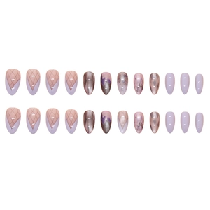 24pcs elegant almond-shaped press-on nails in purple metallic and diamond grid design