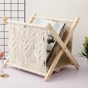 Bohemian cotton rope woven magazine rack with natural wooden stand for home decor