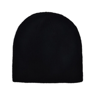 Close-up of the black ribbed knit beanie texture and fine stitching detail for winter