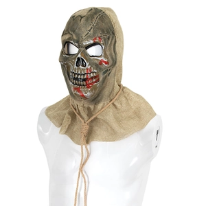 Creepy Halloween skeleton mask with brown burlap hood and red blood splatter paint