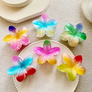 Plumeria Flower Hair Claw Clip Rainbow Gradient Plastic Resin Sweet Cute Hair Styling Accessory For Women