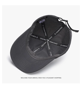 Detail of breathable mesh cap with adjustable elastic cord and internal logo strap