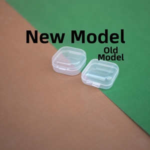 Macro detail of square transparent PP plastic storage boxes comparing new and old buckle designs