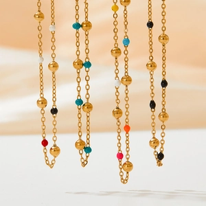 Ethnic style gold plated stainless steel necklace with colorful candy beads in retro design