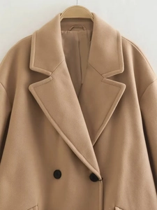 Detailed view of camel wool coat with large lapels and black double-breasted buttons