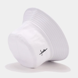 Minimalist white cotton bucket hat featuring black cursive faith embroidery for men and women