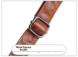 Detail of adjustable leather shoulder strap with a metal square buckle on a brown handbag
