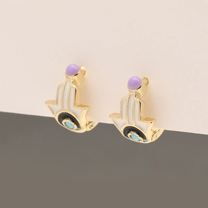 Detail of Hamsa Hand hoop earrings with purple beads and evil eye enamel finish