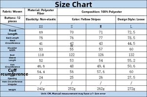 Detailed size guide table for women's loose-fit yellow striped polyester button-down shirt