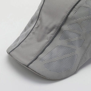 Breathable mesh and quick-dry fabric details of grey outdoor sun hat for men