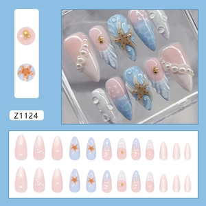 24pcs ocean style press-on nails with 3D pearls, starfish motifs and pink-blue gradient