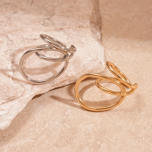 Minimalist double-layered geometric open rings in polished gold and silver finishes