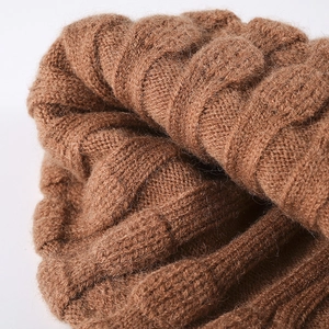 Brown jacquard knit beanie for women with warm cable knit texture for autumn and winter