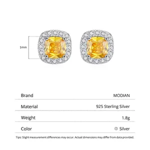 Elegant 925 sterling silver square yellow crystal halo stud earrings for women 5mm