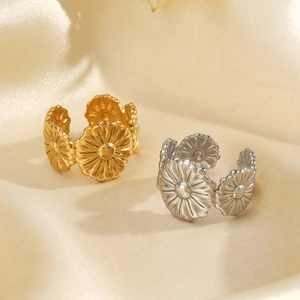 French vintage style daisy flower open rings in gold and silver stainless steel finish
