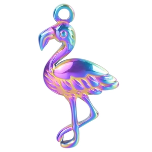 Polished flamingo pendant in rainbow metallic finish for DIY stainless steel necklaces