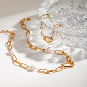 French retro gold paperclip chain necklace and earring set with irregular pearls